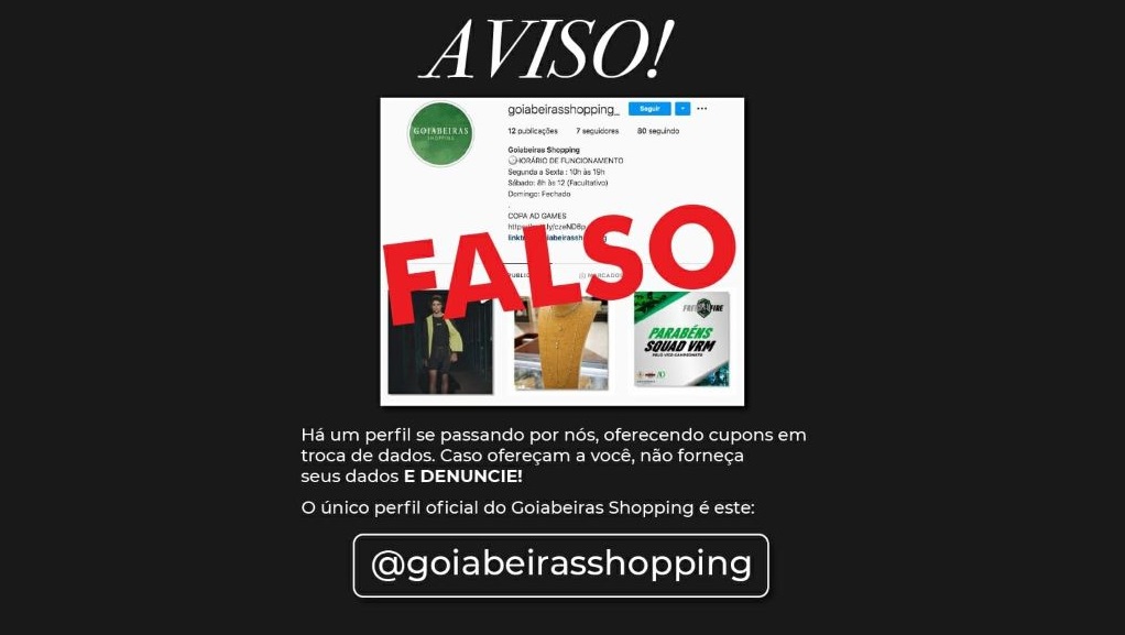 Goiabeiras Shopping alerta sobre perfil falso no Instagram