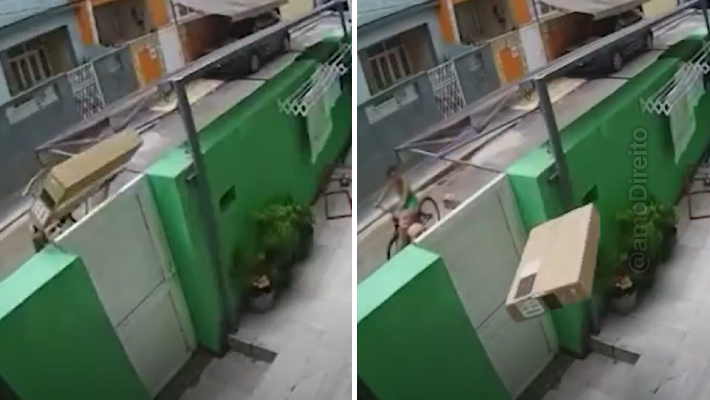 Vídeo flagra entregador arremessando caixa com TV por cima de portão de casa