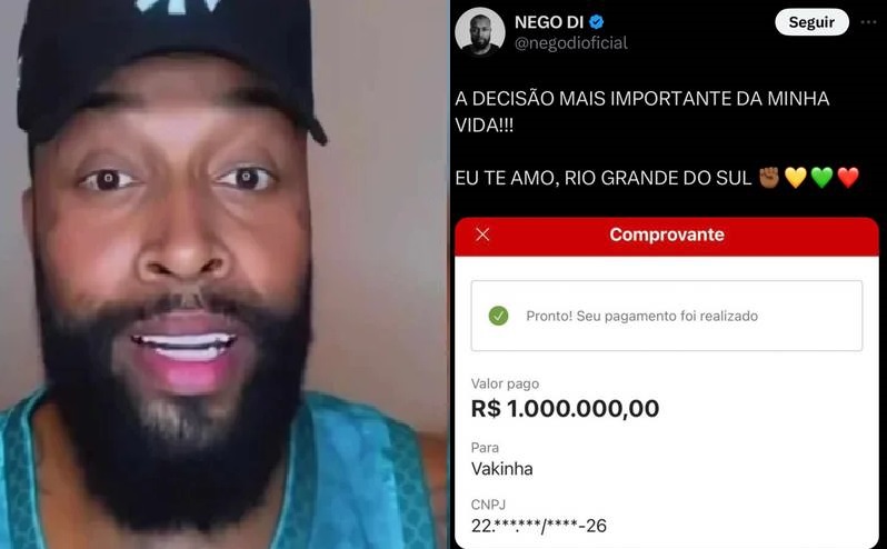 Nego Di disse que doou R$ 1 milhão a campanha durante enchentes no RS, mas MP só encontrou doação de R$ 100